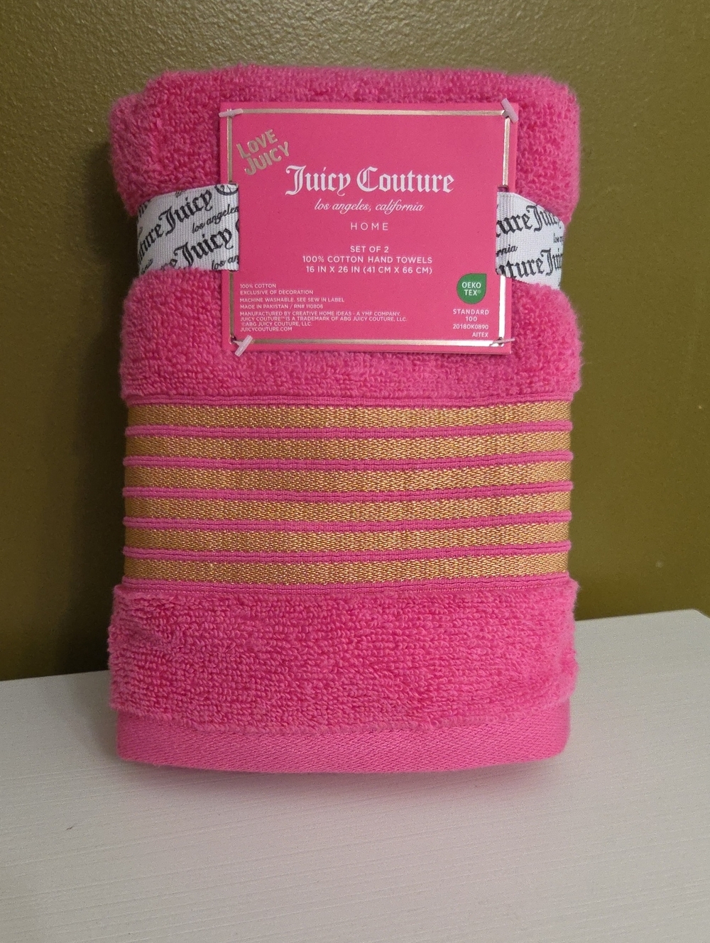 NEW Juicy Couture Pink Cotton Hand Towels - Set of 2
